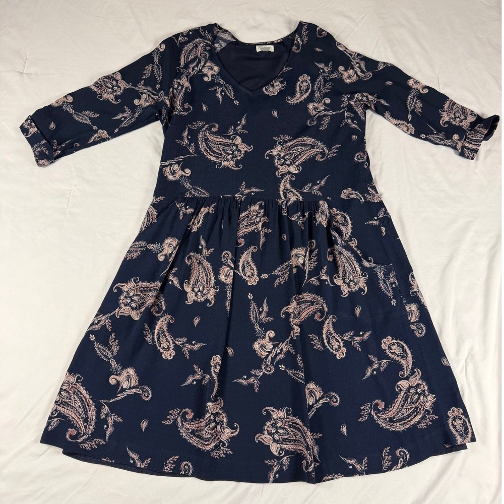 Garnet Hill Women Paisley V-Neck 3/4 Sleeve Lined Shift Dress Size 8 Cottagecore